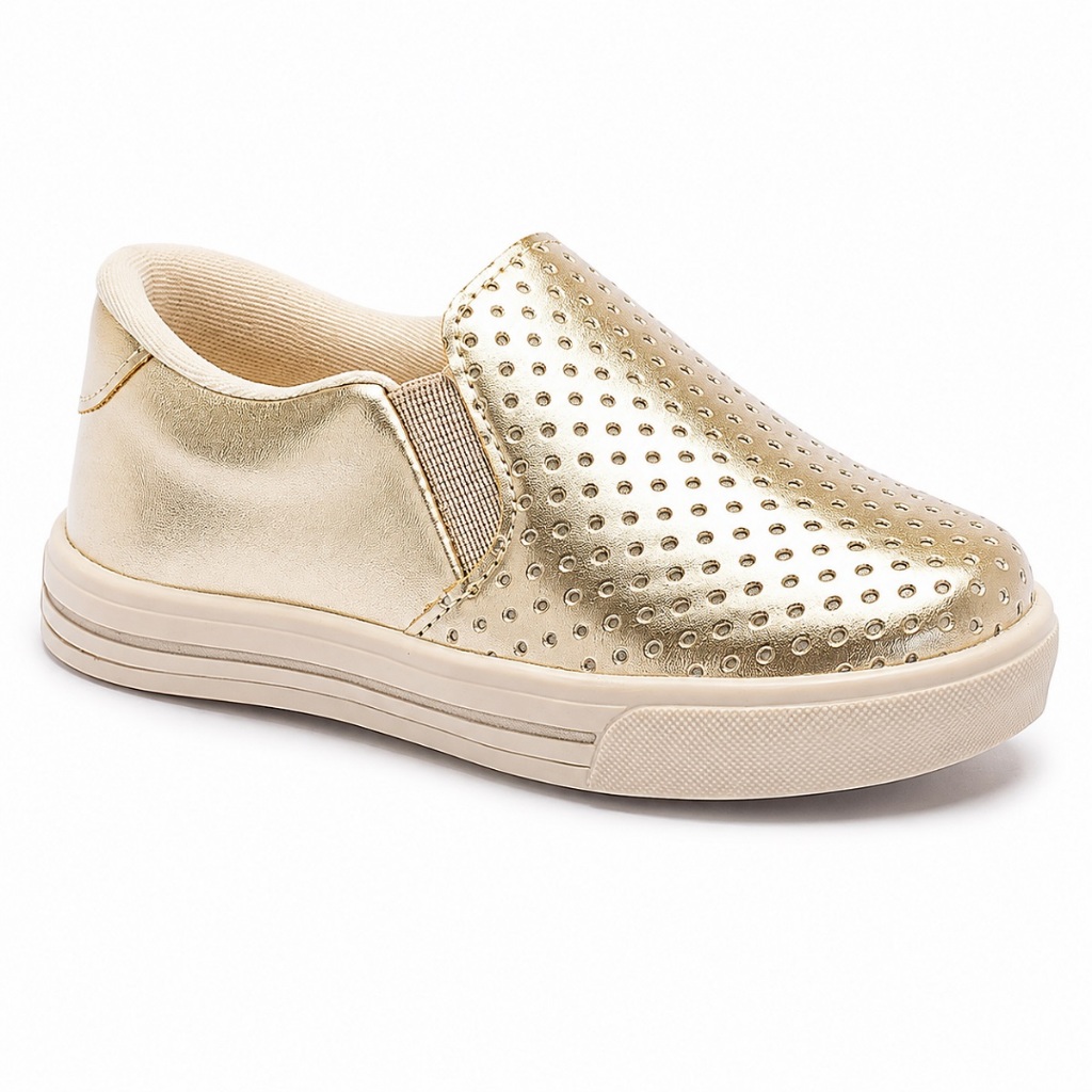 Tênis Infantil Menina Dourado Slip On Calce Fácil Confortável Leve Casual Festa Passeio 22440 Pequito