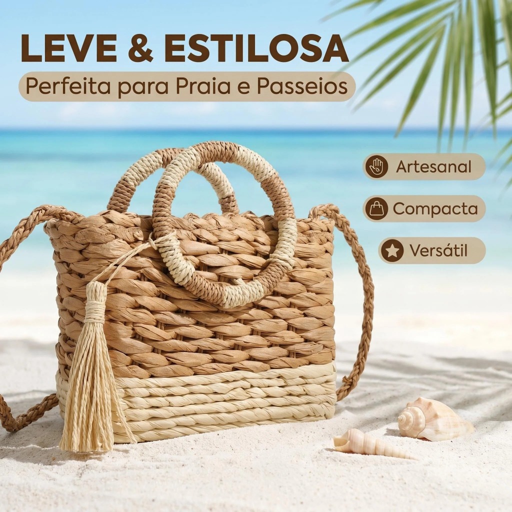Bolsa de Palha Feminina Praia Boho Chic Ombro e Transversal Artesanal com Alça Redonda Borla Elegante Verão Resort