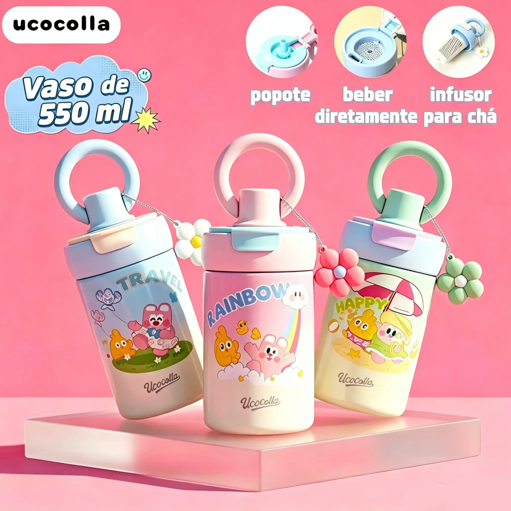 UCOCOLLA Garrafa Térmica Portátil Com Canudo Alça Infantil 550ml Aço Inox Antivazamento Quente/Frio Escola e Passeios
