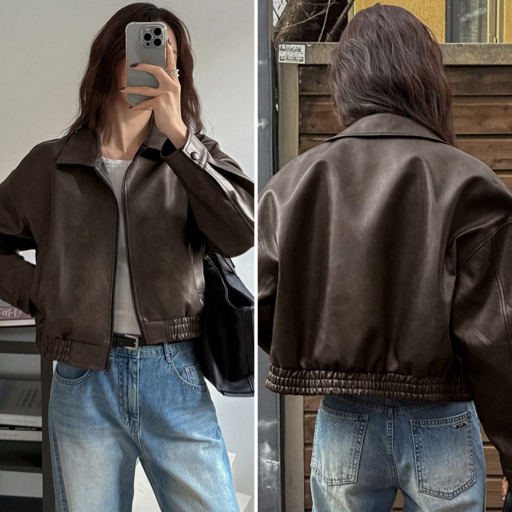 Jaqueta de Couro Feminina Forrada Vintage Curta para o Dia dos Namorados Roupas de Outono Jaqueta