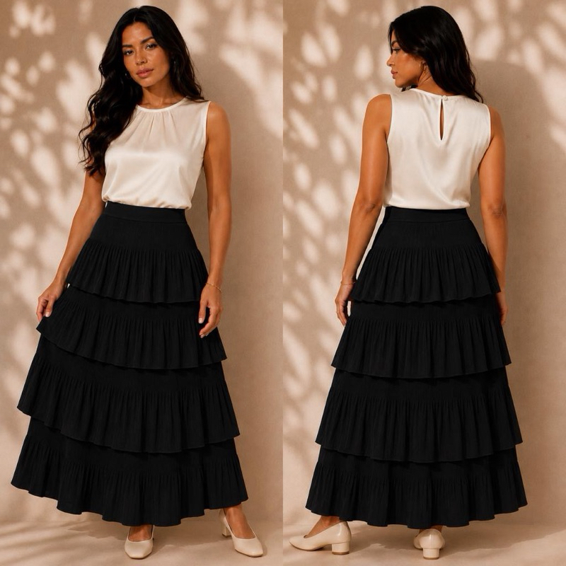 Saia 4 Camadas Feminina Plissada Moda Evangelica