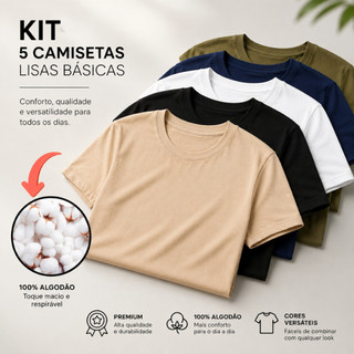 Kit 5 Camisetas Algodão Moda Casual Blusa Diária Premium Tshirt Diversas Cores Camisa Unissex