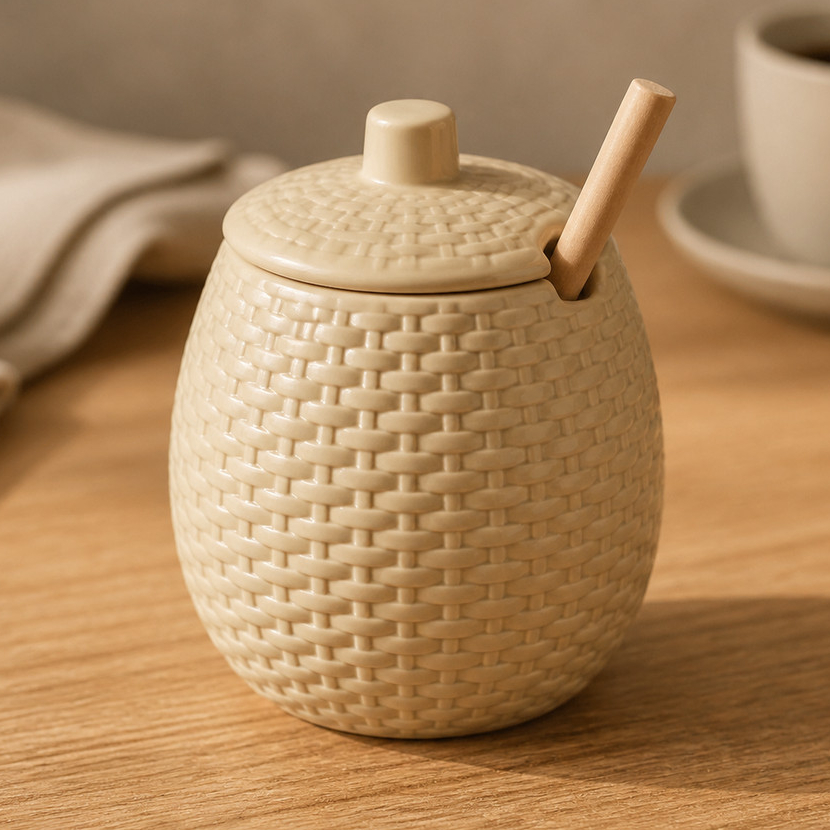 Meleira Porta Mel De Porcelana Com Colher De Madeira Rattan 420ml Hauskraft