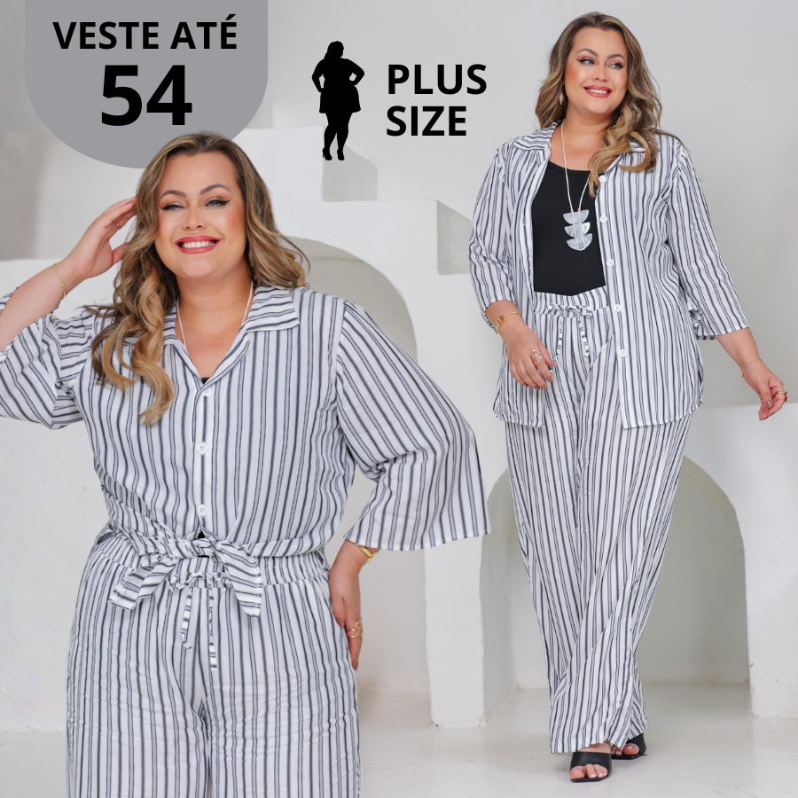 Conjunto Feminino Plus Size Linho Alfaiataria De Camisa + Calça Pantalona Listrado | Elegante Soltinho