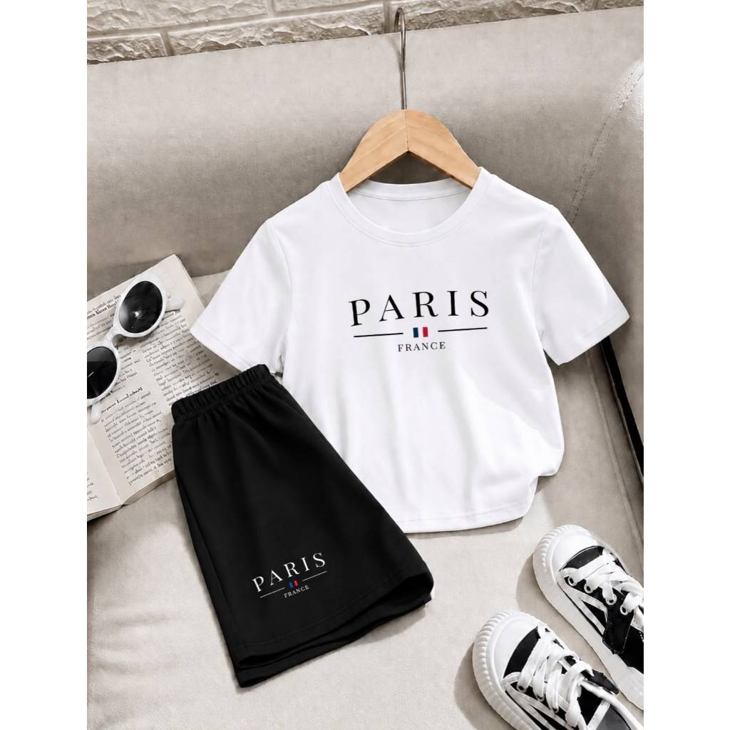 Conjunto Menino Infantil Camiseta Básica + Short Moletom Roupa Infantil Confortável e Estilosa Estampa Paris