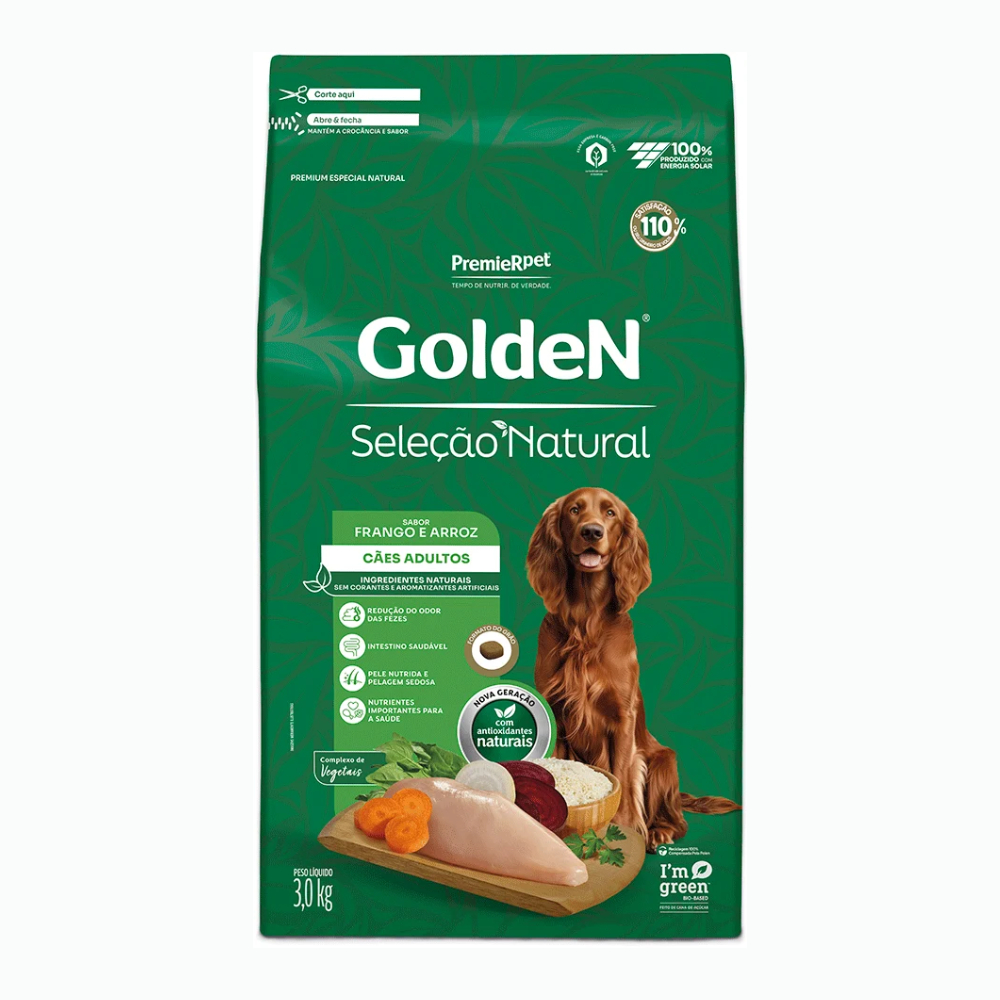 Ração para Cães Adultos Sabor Frango e Arroz Seleção Natural Golden Pet 3Kg Prem