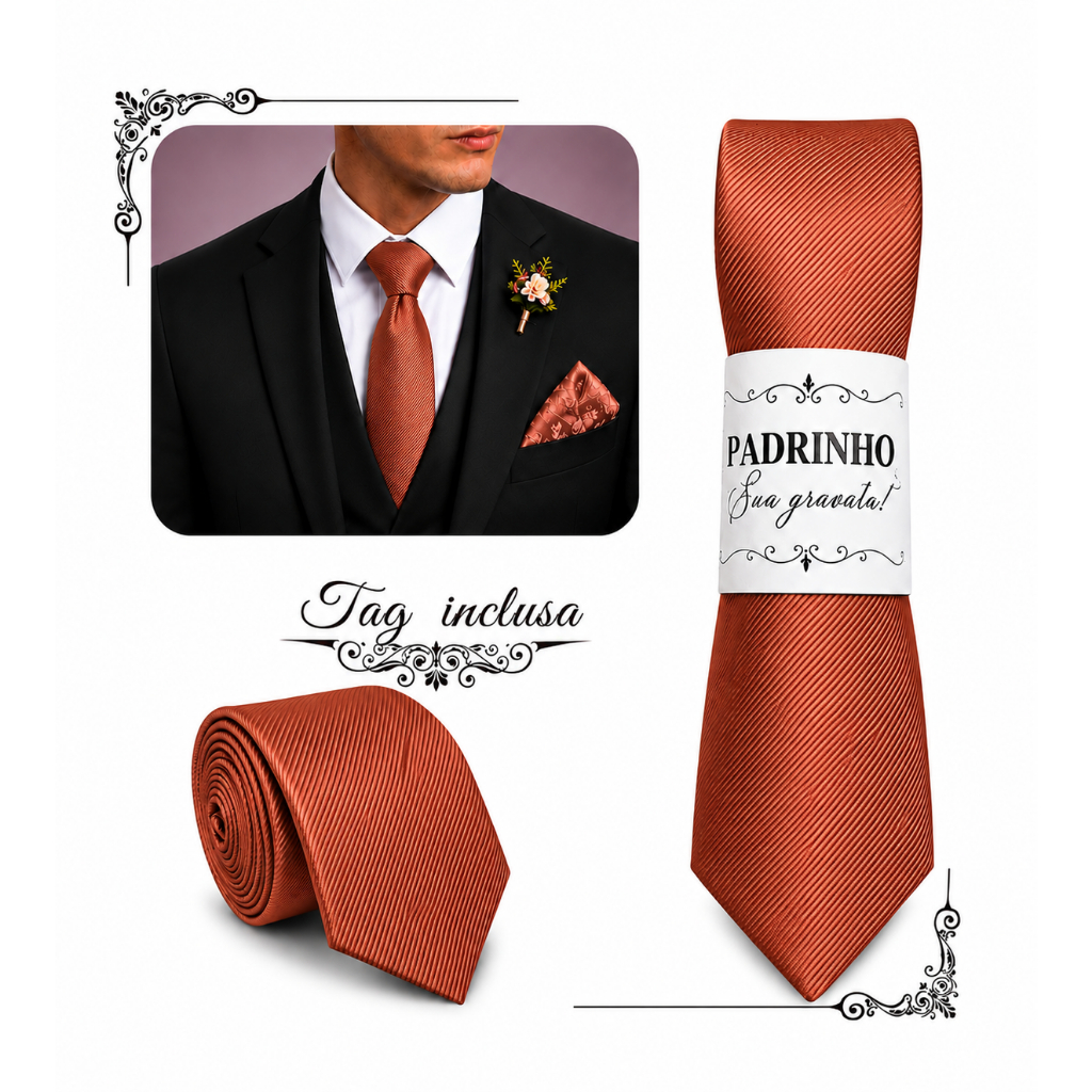 Kit 04 a 20 Gravatas terracota Slim Para Padrinhos e Casamento