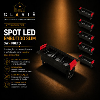 Kit Com 5 Spot 3W Preto Embutido Slim Spot Retangular Minimalista Led Downlight Linear Spot Linear Foco