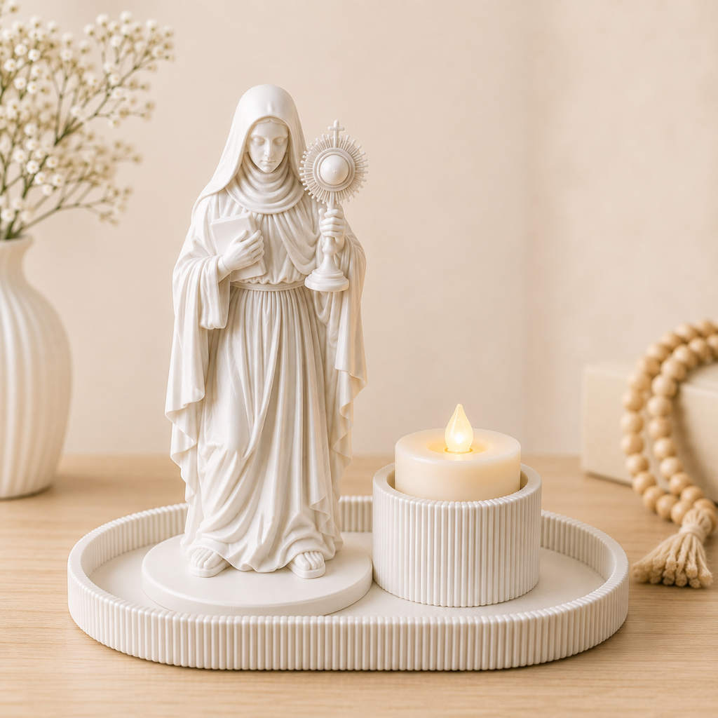 Santa Clara Católica com Bandeja Porta Vela LED Imagem Decorativa Cantinho de Oração Presente Religioso Fé