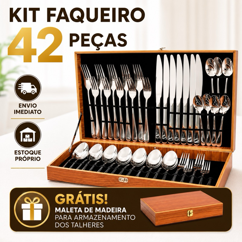 Kit de Talheres Faqueiro Completo 42 Peças Aço Inox Luxo Gratis Caixa Madeira Presente Casamento