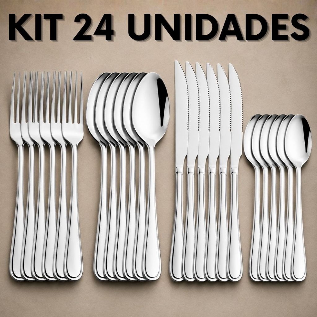Jogo de Talheres 24 Peças Faqueiro Aço Inox Faca Garfo Colher de Mesa e Colheres de Sobremesa