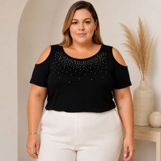 Blusa Feminina Plus Size com Ombro Aberto E Chuva em Strass Moderna Confortável