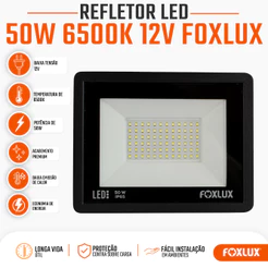 Refletor LED 50W Foxlux 6500K Branco Frio IP65 12V Resistente a Água