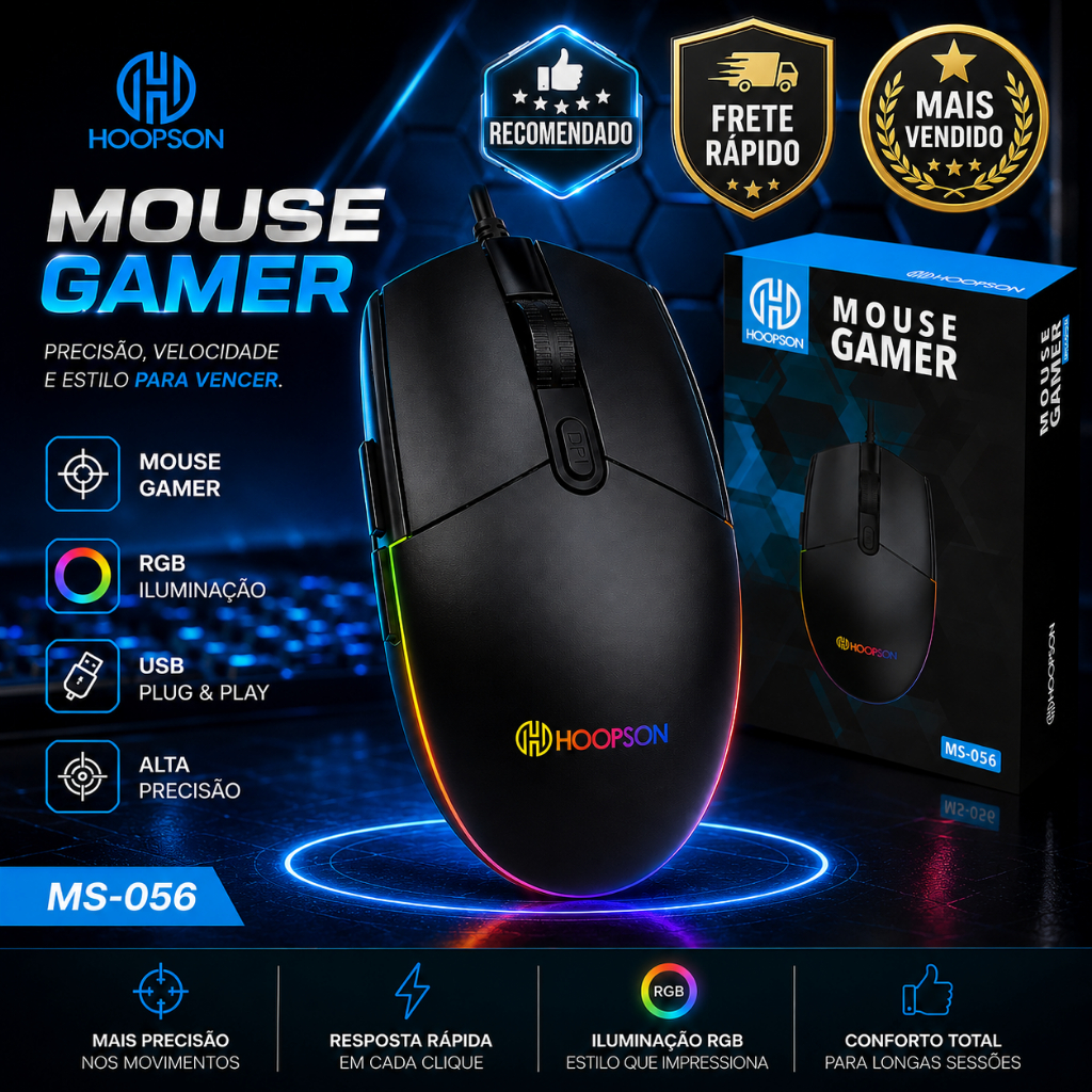 Mouse Gamer RGB LED USB Ergonômico Alta Precisão 3600DPI Ajustável Para Jogos FPS MOBA PC e Notebook