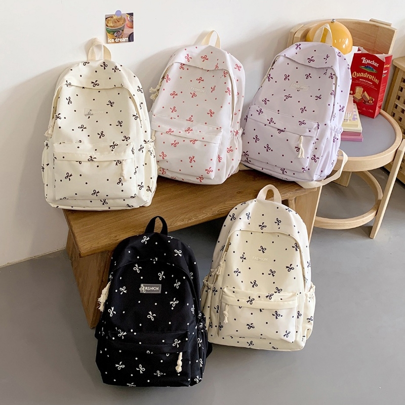 Mochila Escolar Feminina Estilo Japonês Estampada com Laços Grande Capacidade Leve para Escola