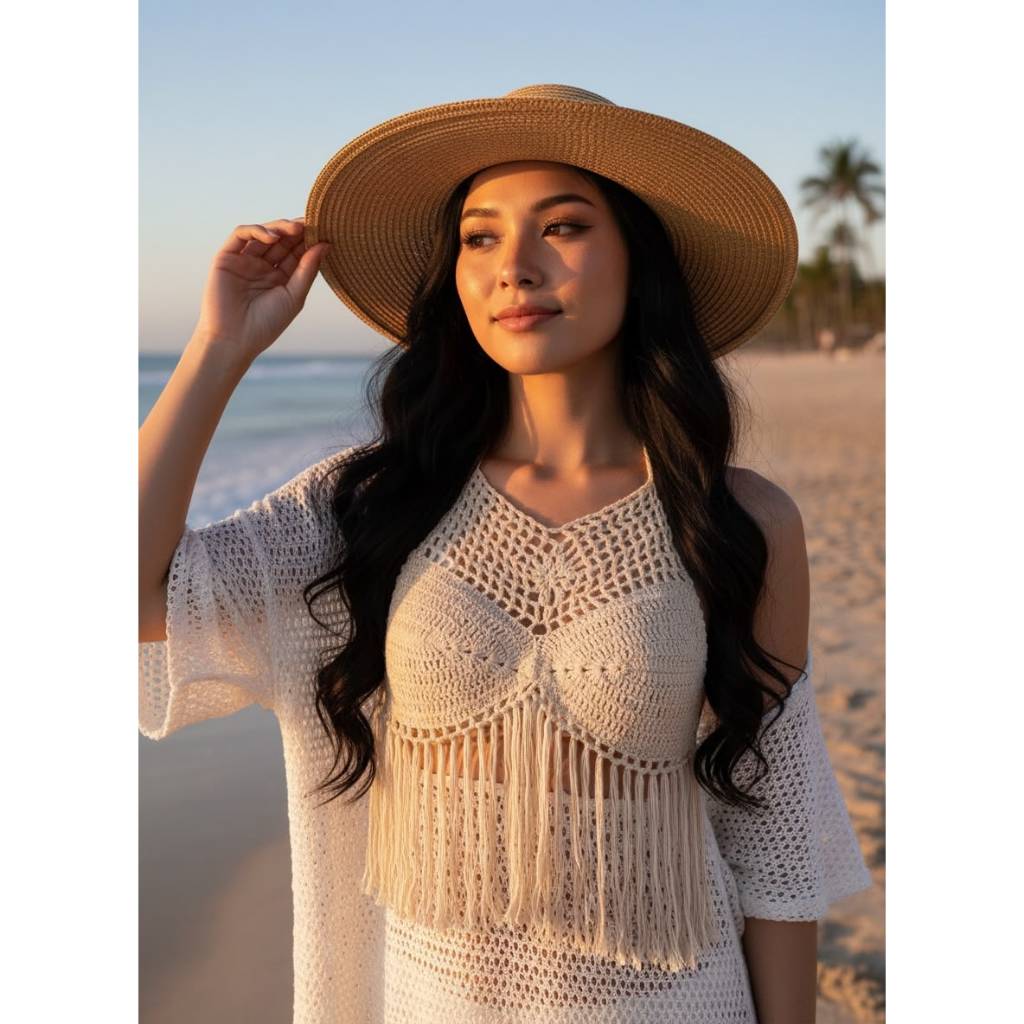 Top Cropped Franjas Em Crochê 2027 Moda Praia