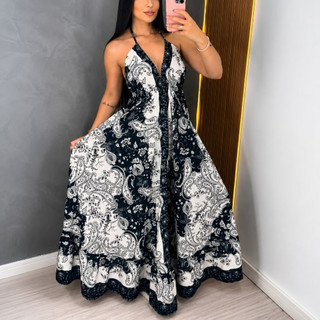 Vestido Indiano feminino Longo Estampado Estilo indiano com Alças amarração Decote V