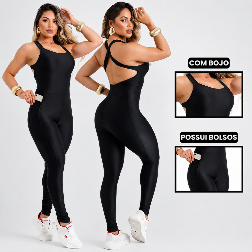 Macacão Academia Fitness Feminino com Bolsos e Bojo Removível em Poliamida Zero Transparência