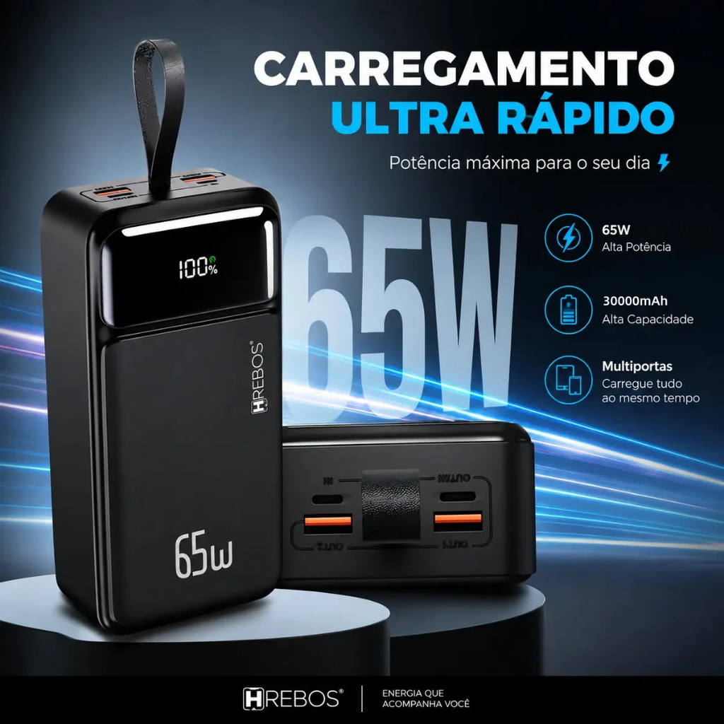 Power Bank 30000mAh 65W Turbo Carregador Rápido USB-C PD Display Digital para Notebook Celular Hrebos