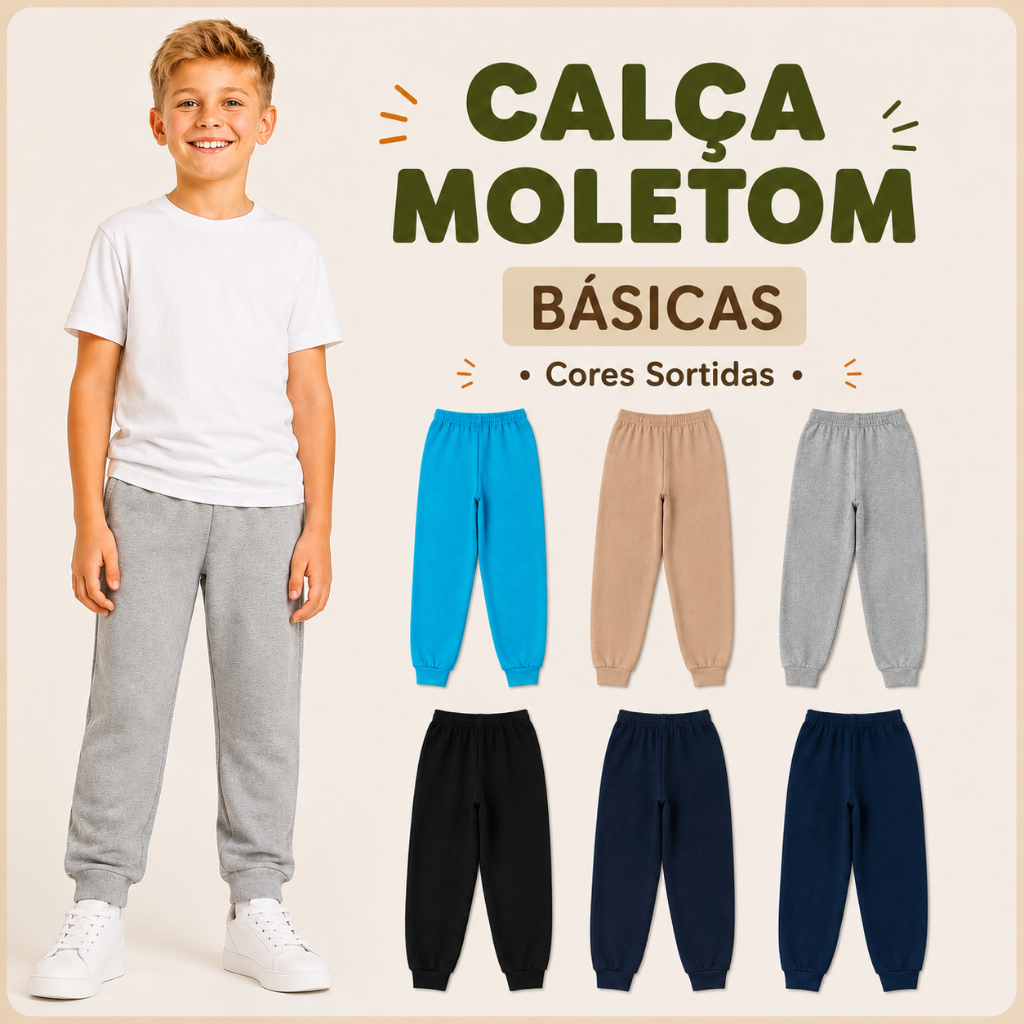 Kit 2 ou 3 ou 4 Calças Infantil Menino Moletom Juvenil Tam 1 ao 14 100% Algodão Masculino
