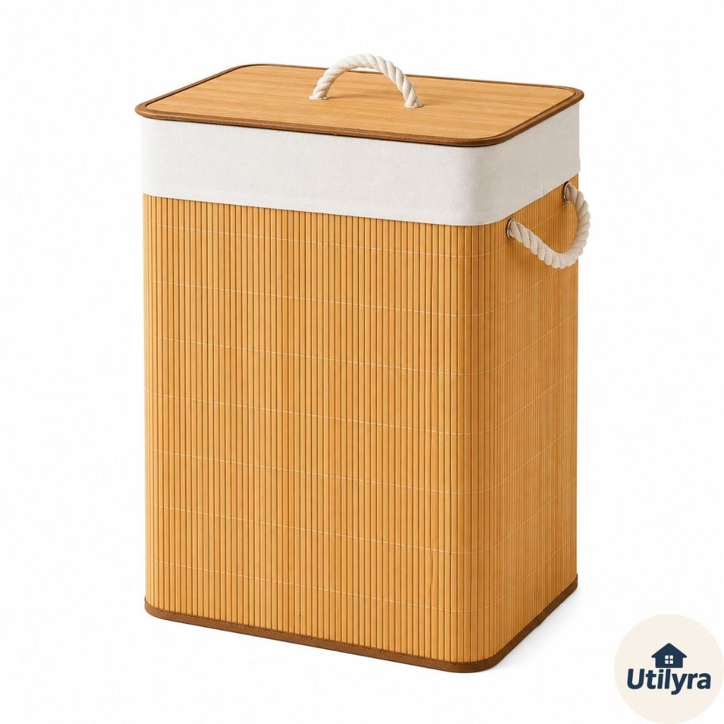 Cesto De Roupa Suja Bambu 72 Litros Lavanderia Com Tampa e Alças Forrado Grande Organizador Banheiro