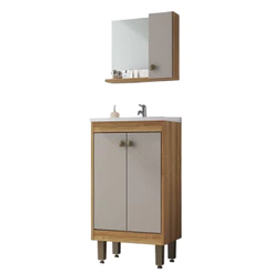 Conjunto Gabinete Banheiro Lima 45cm com Cuba + Espelheira, 3 Portas C00450 Cor Lâmina Mel/Fumê - OZINI Móveis