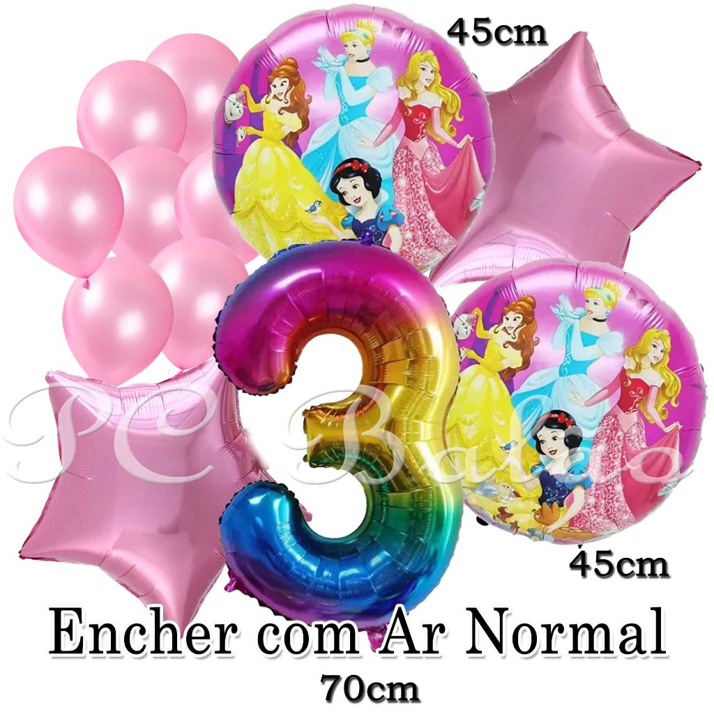 Kit 12 Balão Metalizado 2 PRINCESAS + 7 Bexiga + N° 70cm COLORIDO + 2 Estrela ROSA CLARO ANIVERSÁRIO