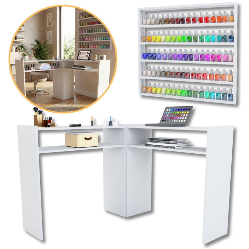 Mesa Manicure Profissional Em L Mesa Nail Designer Com Expositor De Esmaltes Prateleira de Esmalte
