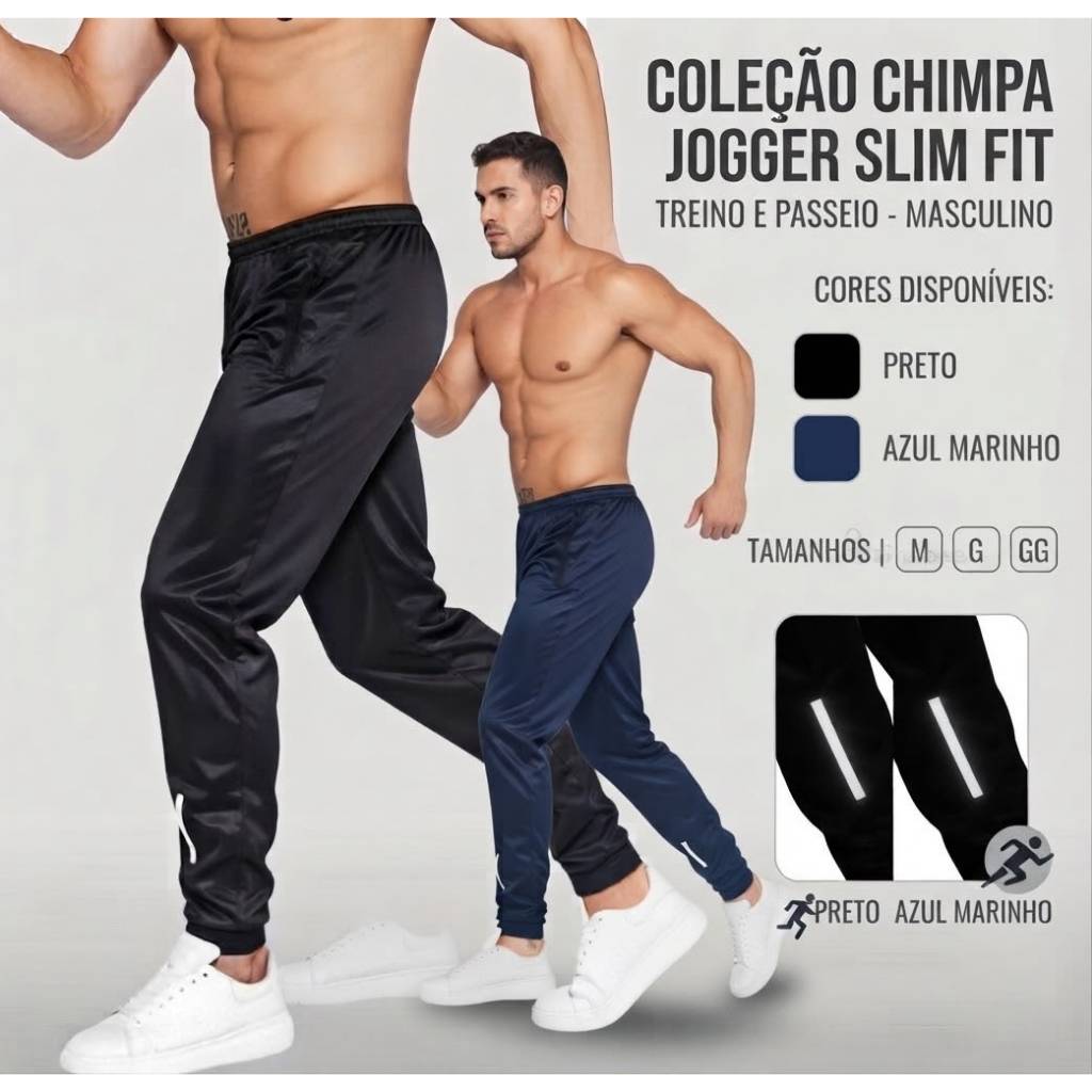 Kit 2 Calças Chimpa Jogger Slim Treino Passeio Masculina  Academia Corrida Caminhada  com Bolso Zíper