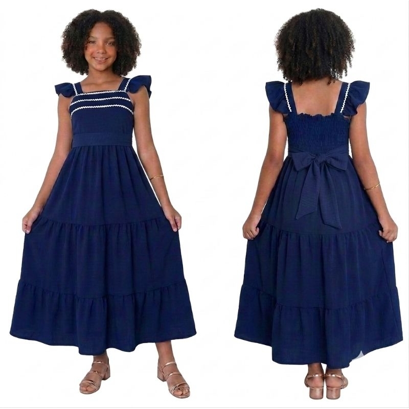 Vestido Juvenil Infantil Midi Sianinha Manga Princesa Três Marias Moda Evangélica Com Faixa Cinto