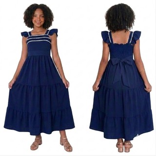 Vestido Juvenil Infantil Midi Sianinha Manga Princesa Três Marias Moda Evangélica Com Faixa Cinto