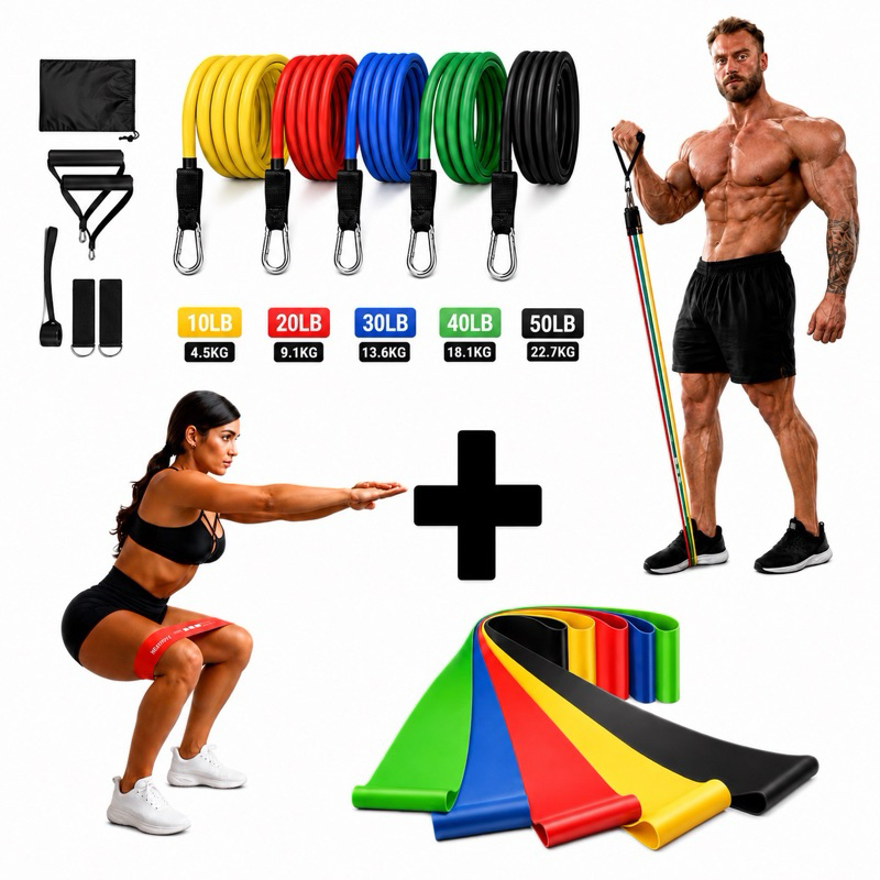 Kit 16 Itens Treino em Casa Completo Elásticos Extensores + 5 Mini Bands Fitness