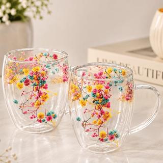 Xícara Caneca De Vidro Parede Dupla Com Flores Seca Caneca