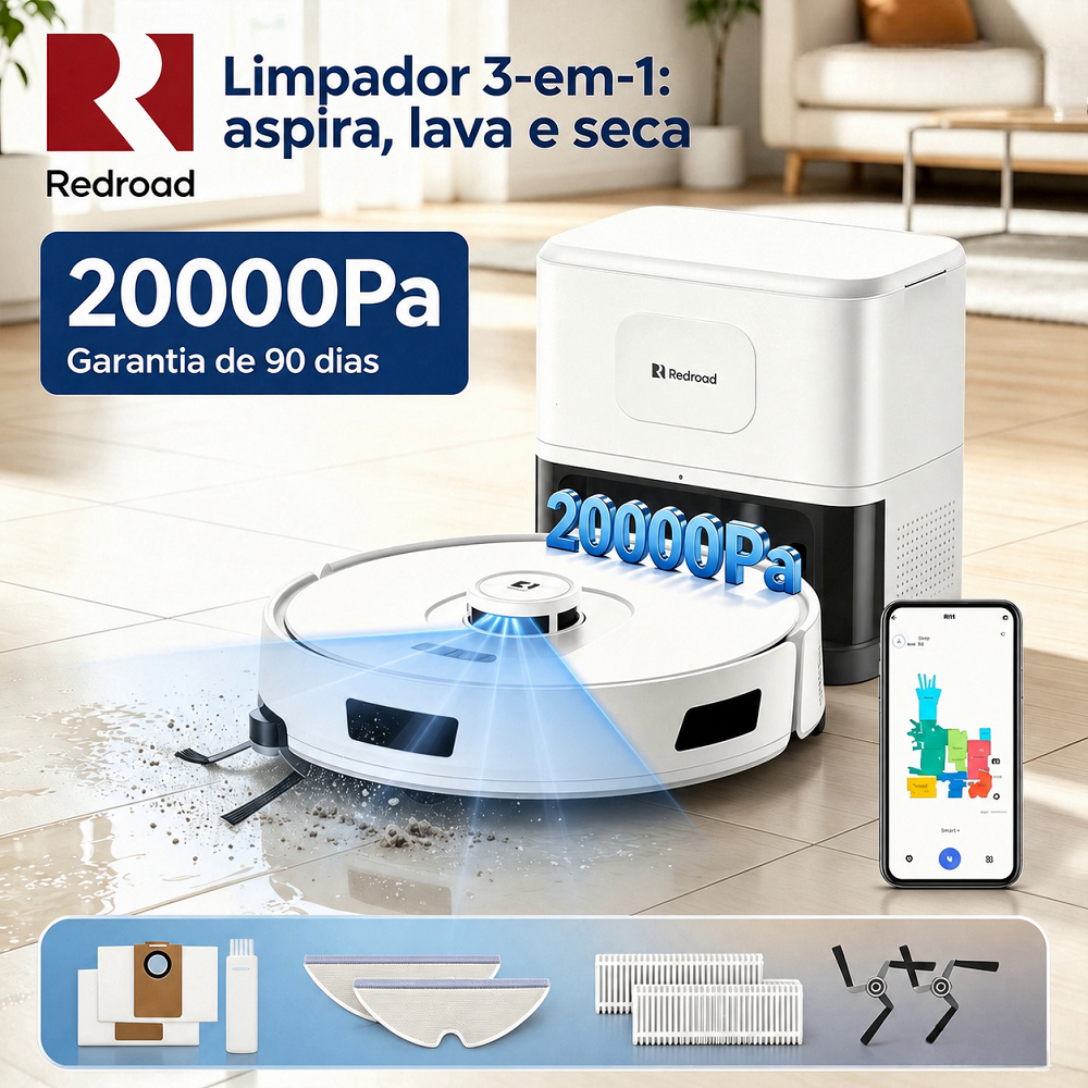 Robô Aspirador e Passador de Pano com Estação Autolimpante | Laser LDS | 20000Pa | App | 127V | Redroad R11