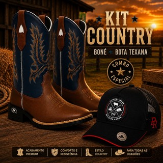 Kit Bota Country Masculina + Boné de Redinha Texana Cowboy Trucker Western Rodeio Cavalgada Festa Sertaneja