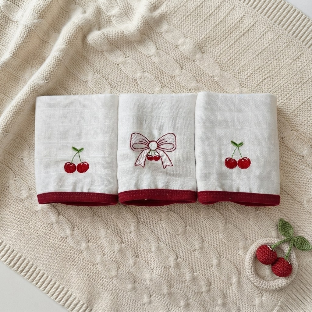 Trio Babete Bebê Menina Cerejinha Bordada Forrada 100% Algodão Macia Antialérgica Luxo