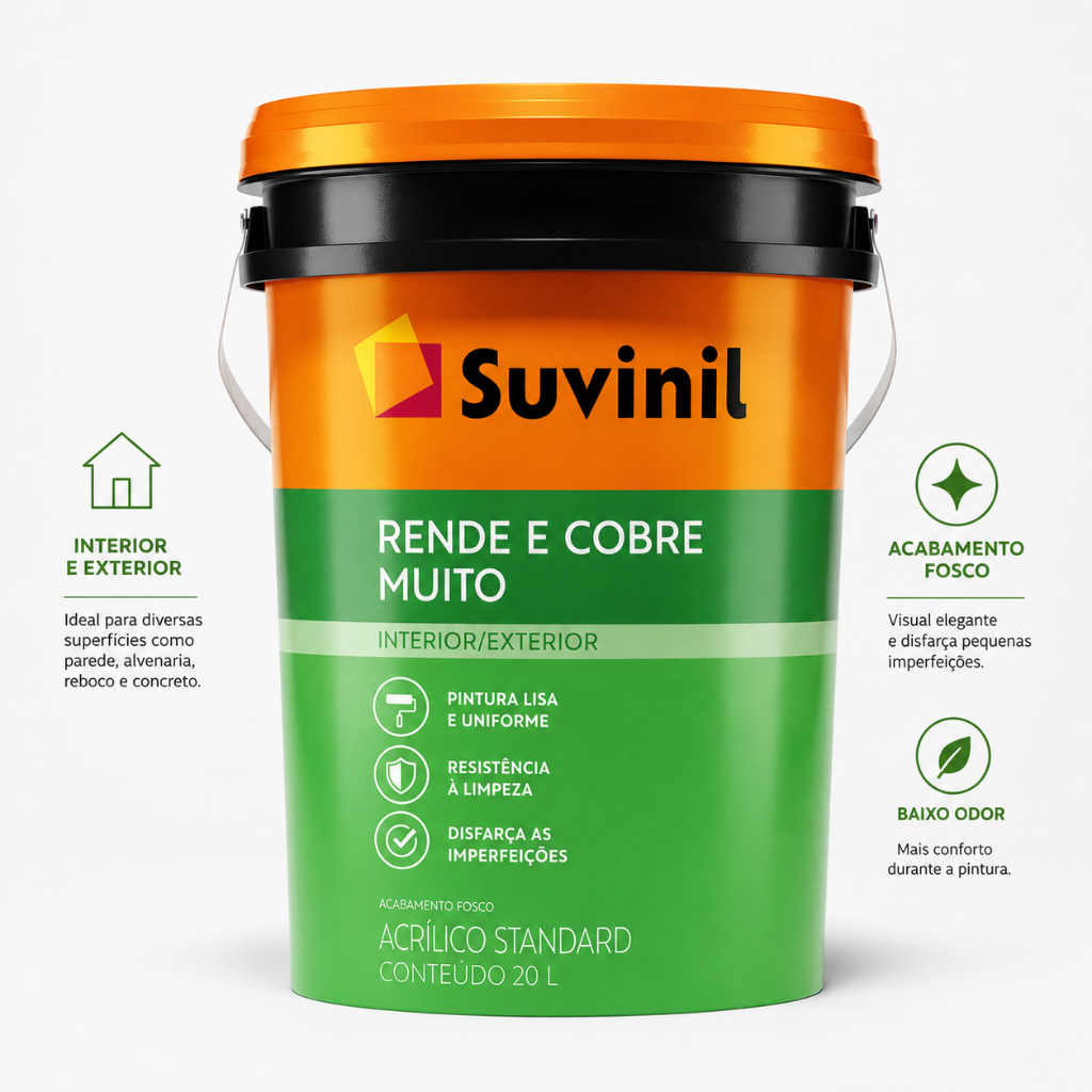 Tinta Rende E Cobre Muito Acrílico Fosco Balde 20 Litros - Suvinil Acabamento Fosco Interno E Externo — imagem 2 de 2