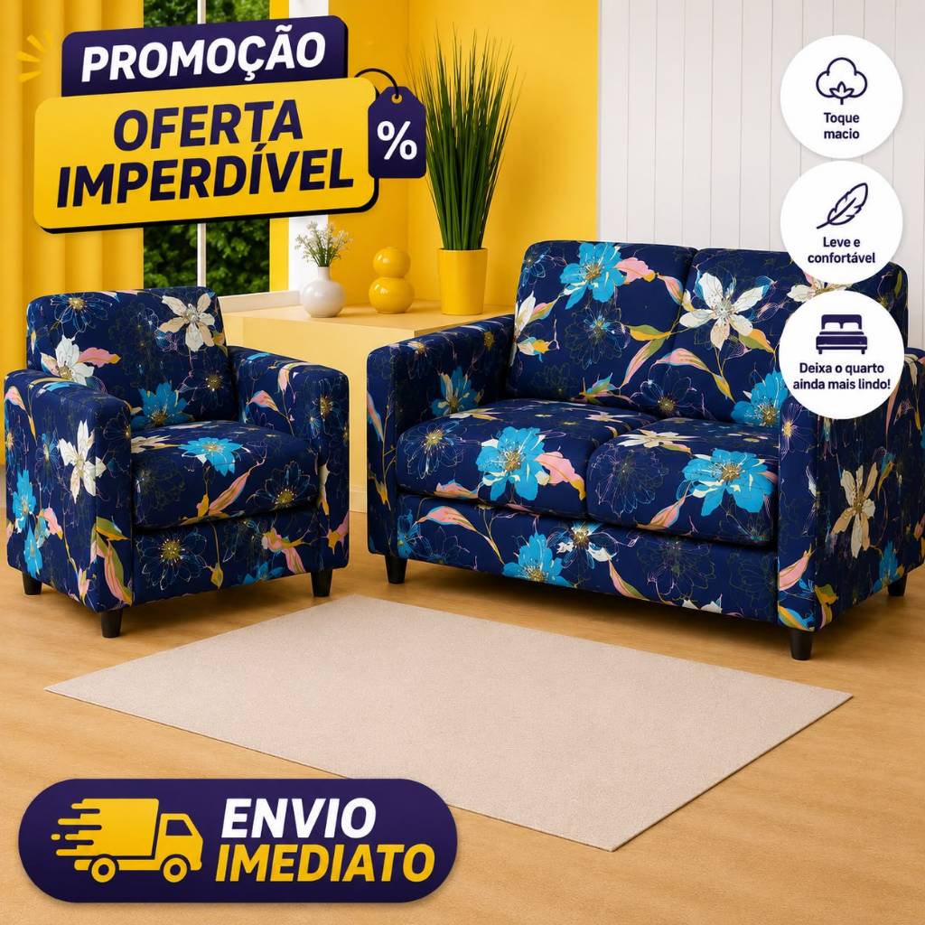 CAPA PARA SOFÁ 2 E 3 LUGARES ESTAMPADA LIGADINHA COLADINHA