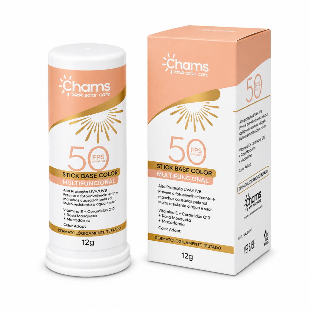 Protetor solar bastão Base Color Multifuncional 50 FPS Chams | Protetor solar facial bastão 12g
