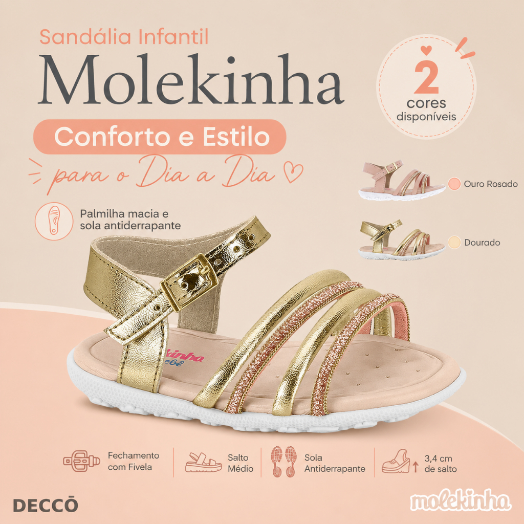 Sandália Molekinha Infantil Com Brilho Delicada Confortável Para Passeio Casual