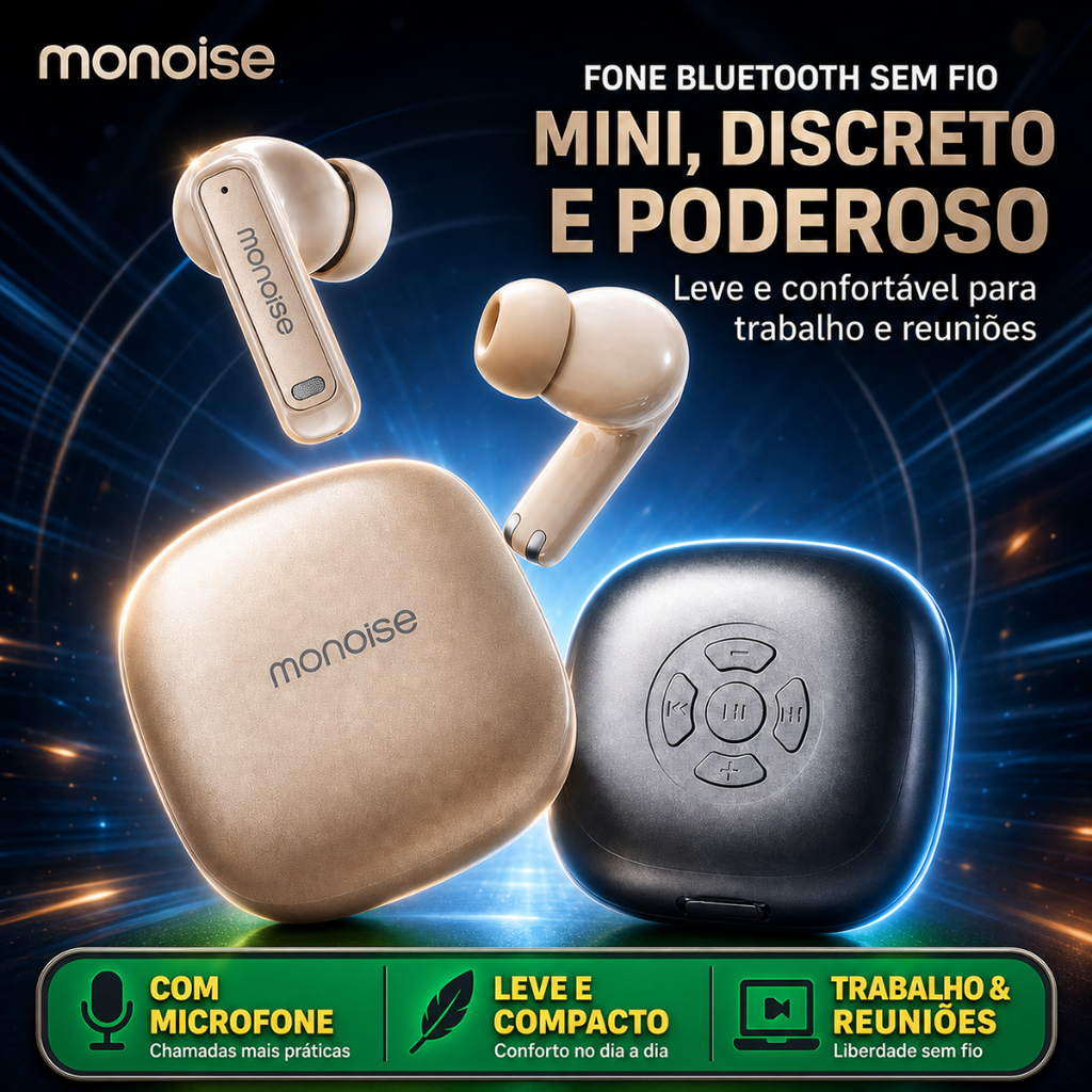 Fone Bluetooth Sem Fio Monoise Nude, Mini, Discreto, Invisível com Microfone para Reuniões e Trabalho, Leve, Confortável