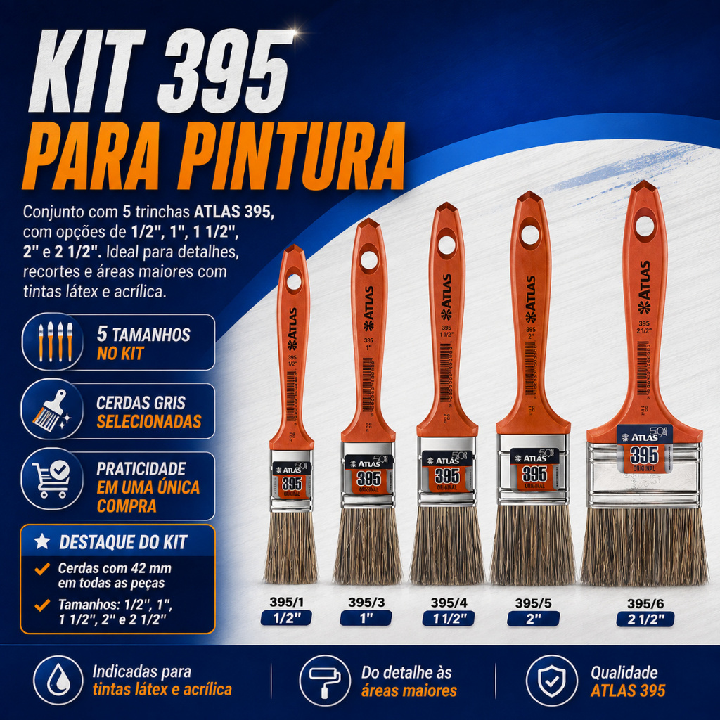 Kit 5 Pincéis Trinchas Atlas 395 Pincel Látex P/ Pintura de Parede Acabamento · foto 2