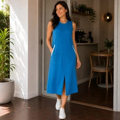 Vestido Feminino Regata Moletinho Mid Elegante Soltinho com Fenda Frontal e Bolsos Externos