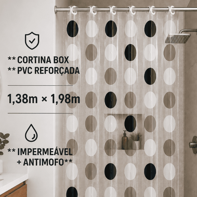 Cortina Box Banheiro PVC Reforçada 1,38x1,98m Impermeável Antimofo