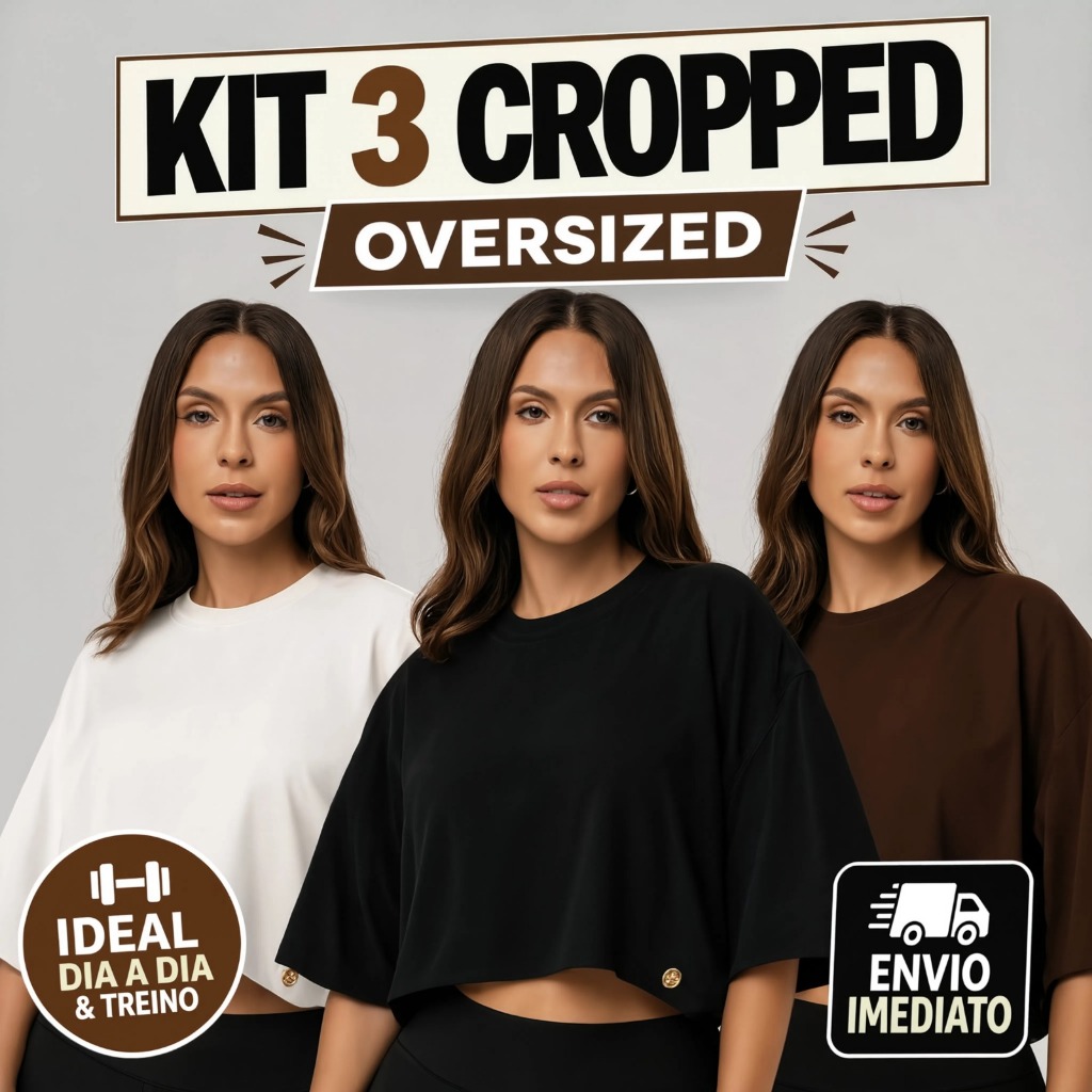 Kit 3 Cropped Oversized Feminino Liso 30.1 Algodão Blusa Camiseta Básica Academia Treino Dia a Dia Confortável Casual
