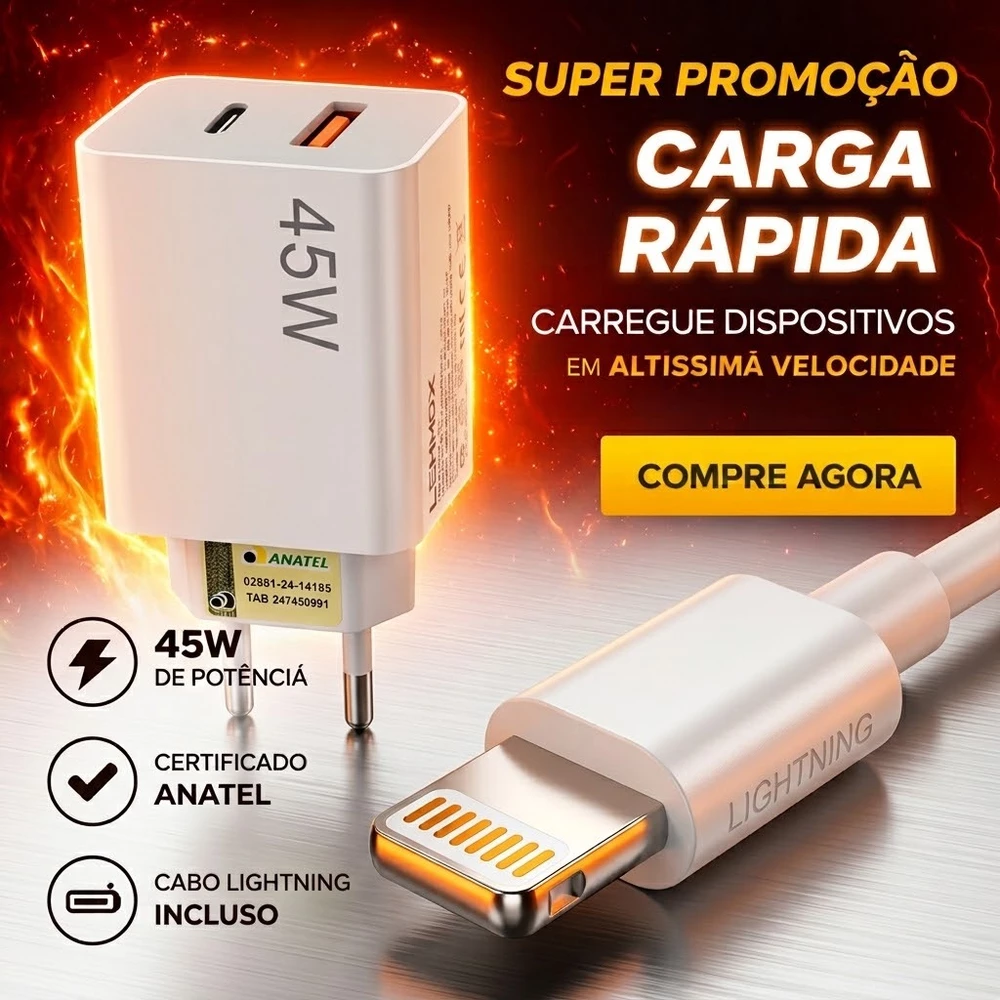 Carregador Completo Turbo Para Iphone Cabo Tipo C para Lightning 45W Original Lehmoxx