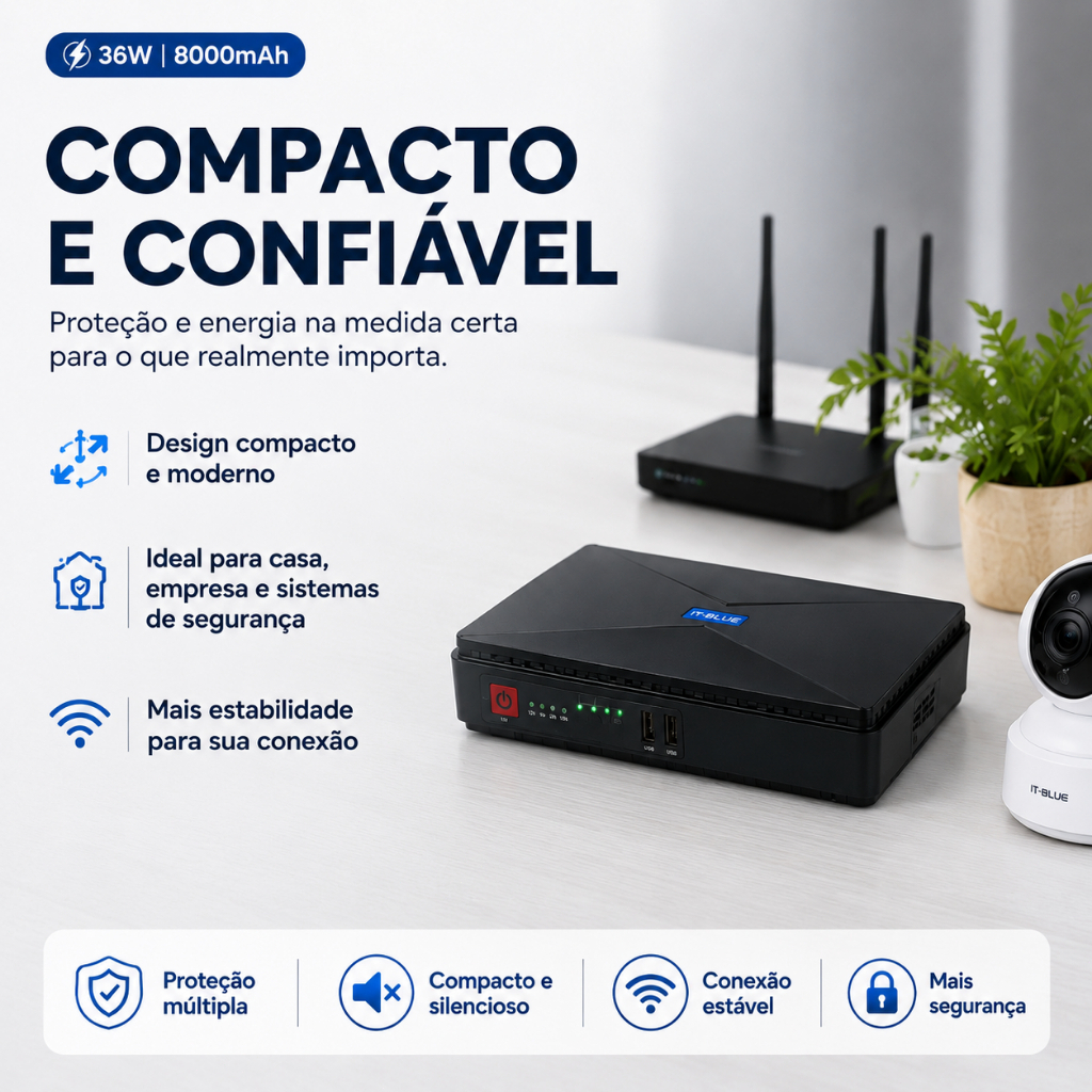 Mini Nobreak UPS 36W 8000mAh Bivolt para Roteador, Câmera IP e Modem, Proteção e Energia…