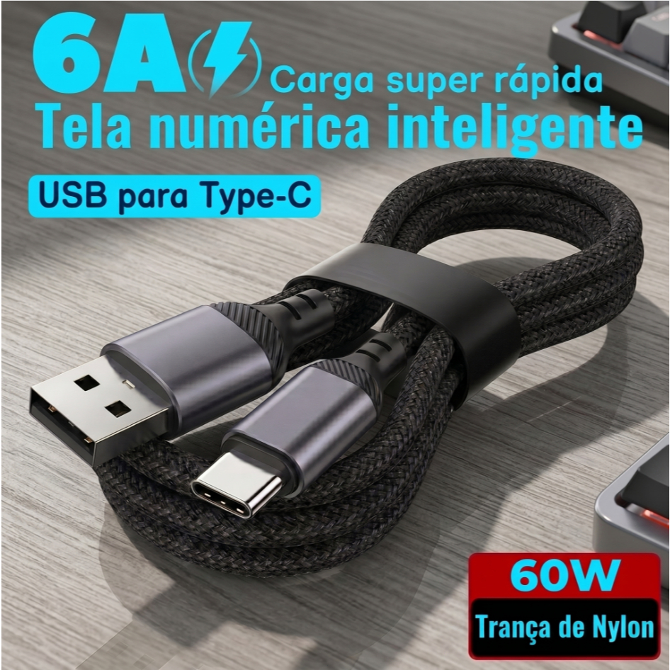 Cabo USB‑A para Tipo‑C 1 Metro Trançado Preto Carregamento Rápido