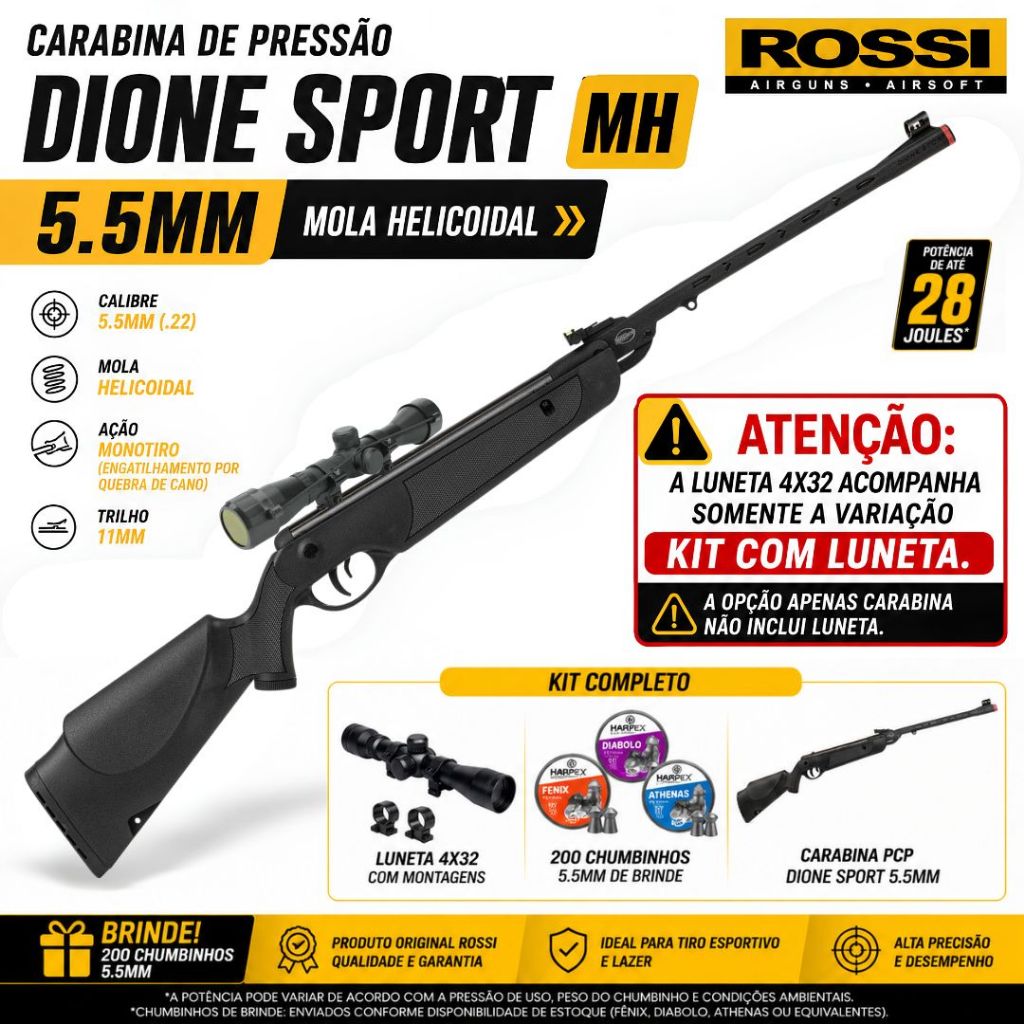 CARABINA ROSSI DIONE SPORT MH 5.5MM + LUNETA 4X32 + 200 CHUMBINHOS