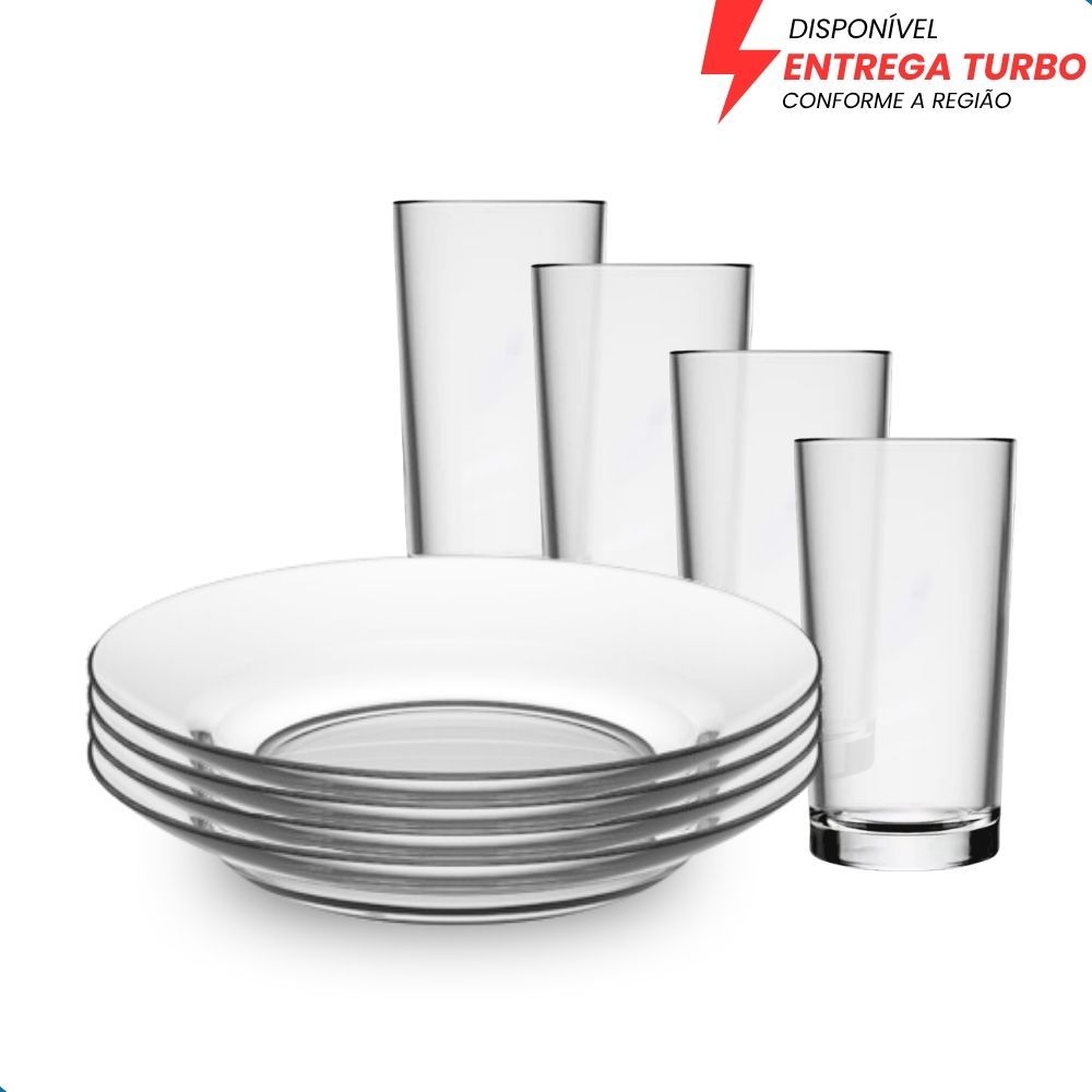 Aparelho de Jantar 8 Peças – 4 Pratos Fundos e 4 Copos 225ml - Escolha seu Prato Favorito